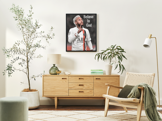 Neymar (Believe in God) poster with wooden Frame. Football Wall Decor